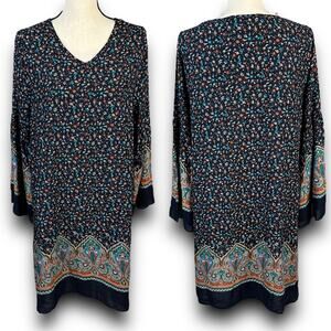 Anthro Hazel Boho Floral Vneck Dress 3/4 Bell Sleeve Lightweight Relaxed Medium
